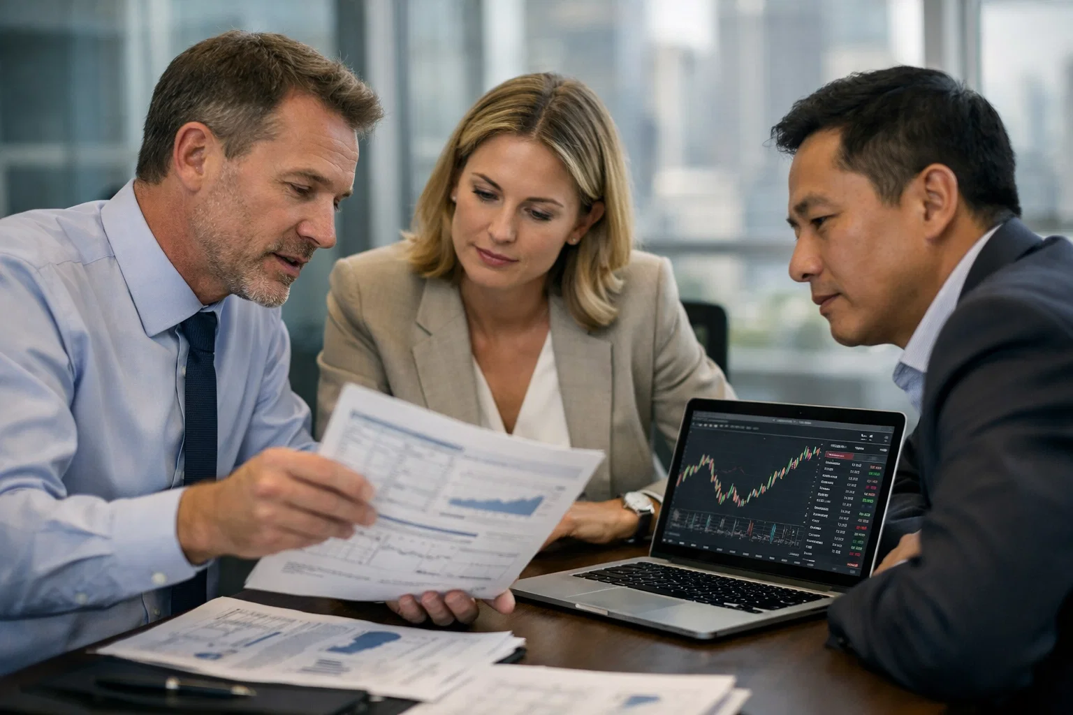 CFD forex market consultation with a team analyzing documents.