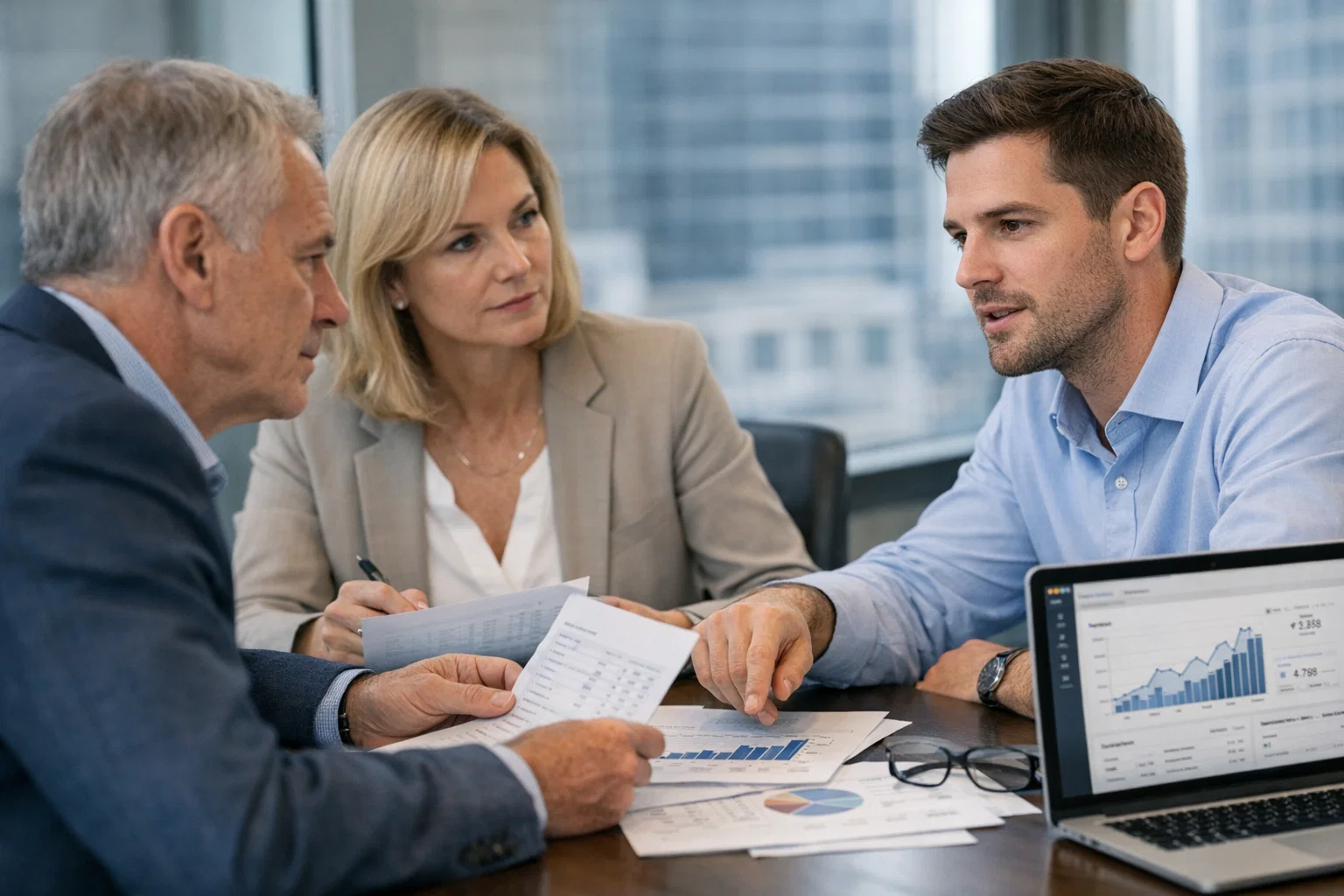 Strategic SEO business review with consultants discussing search performance and KPIs.