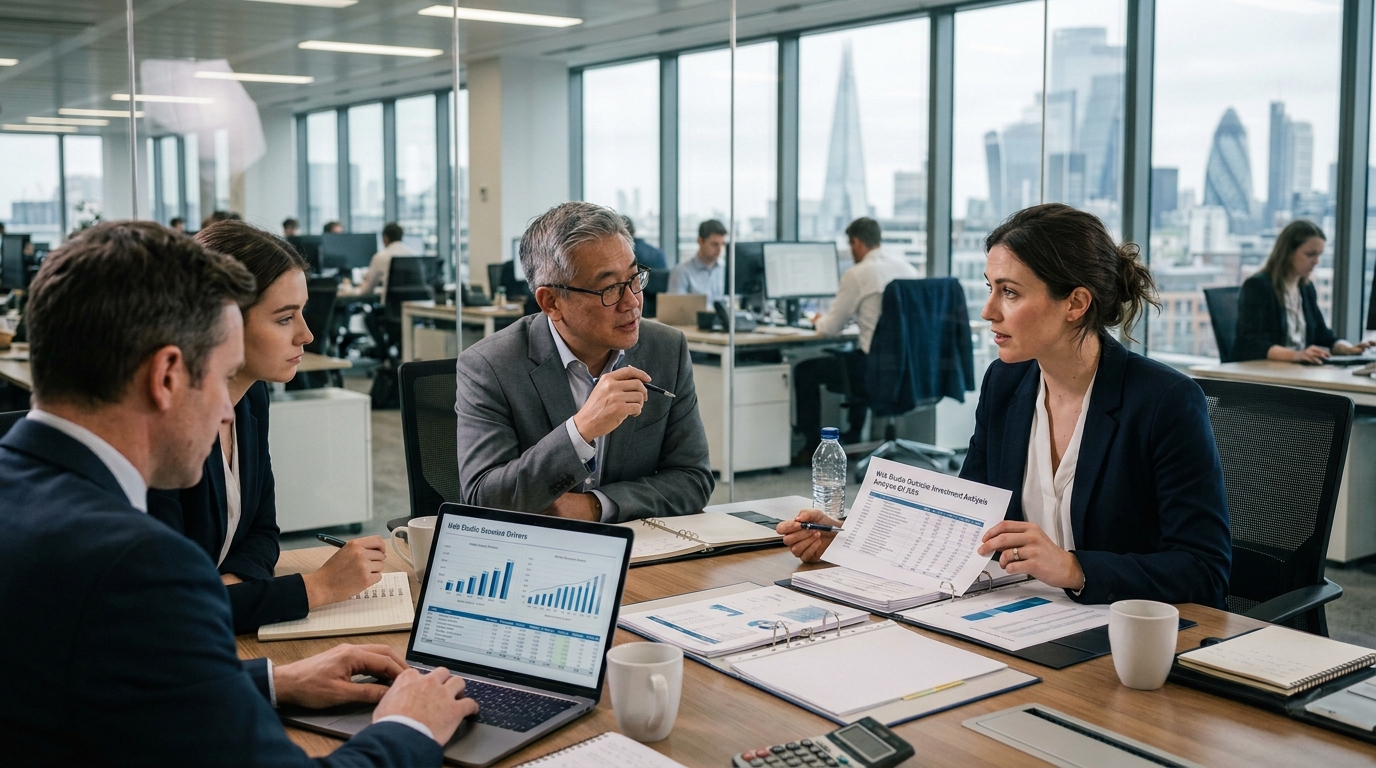 Web studio risk assessment team meeting with analysts reviewing competitive exposure and strategy documents.